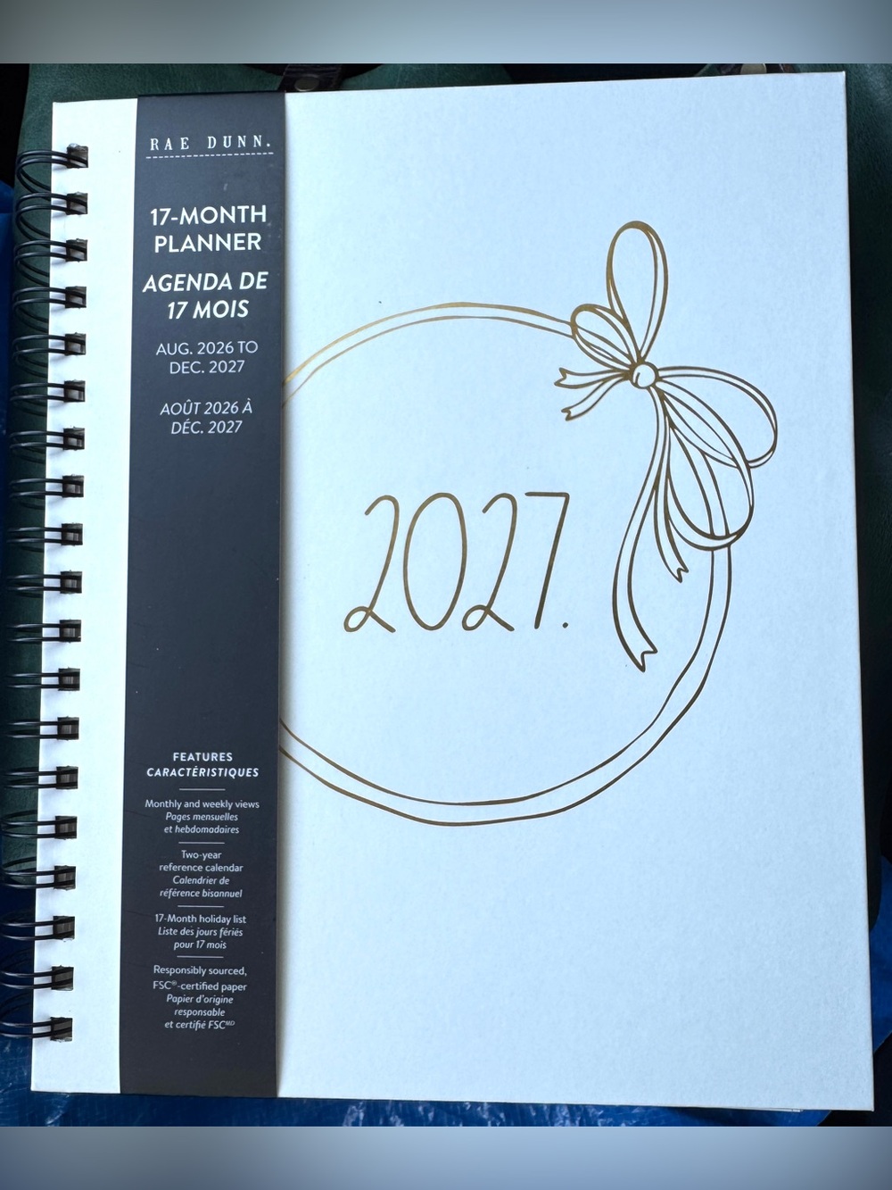 NEW Rae Dunn 2027 Planner Hardback Spiral 17 months Planner Gold Foil Bow Design - Picture 5 of 7